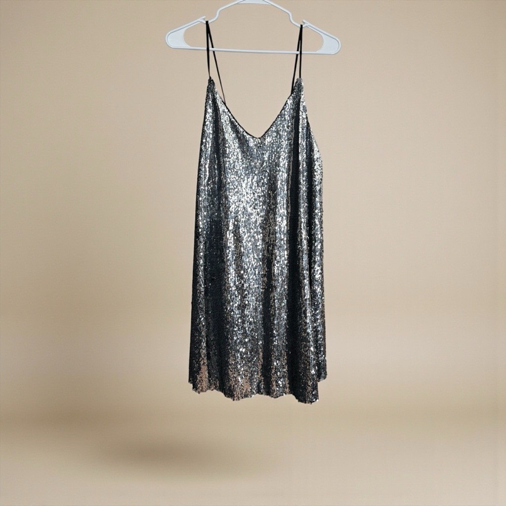 NWT Zara Women's Small Sequin Spaghetti Mini Slip A-line Dress Silver‎ Sparkle - Picture 2 of 7